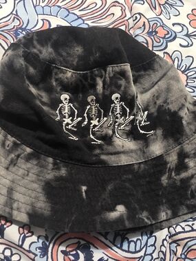 Disney Black and Gray Tie-Dye Bucket Hat with Embroidered Skeleton Text